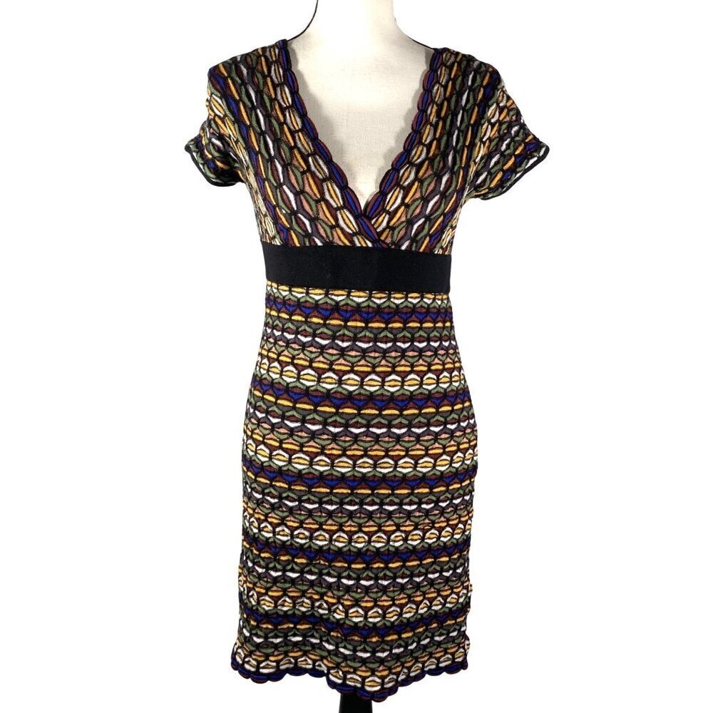 M Missoni Multicolor Patterned Knit Plunge Neck Dress XS designer luxury merino